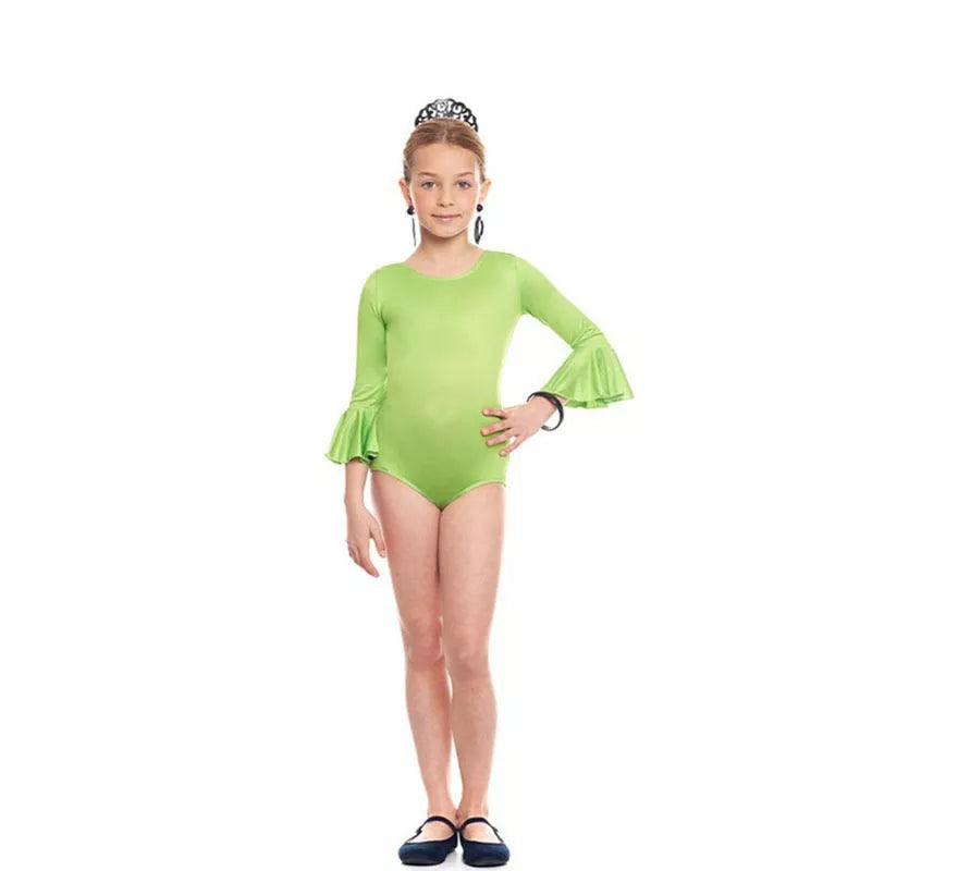 Translation missing: pt-PT.Body o maillot Sevillana Licra con Volante verde para niña