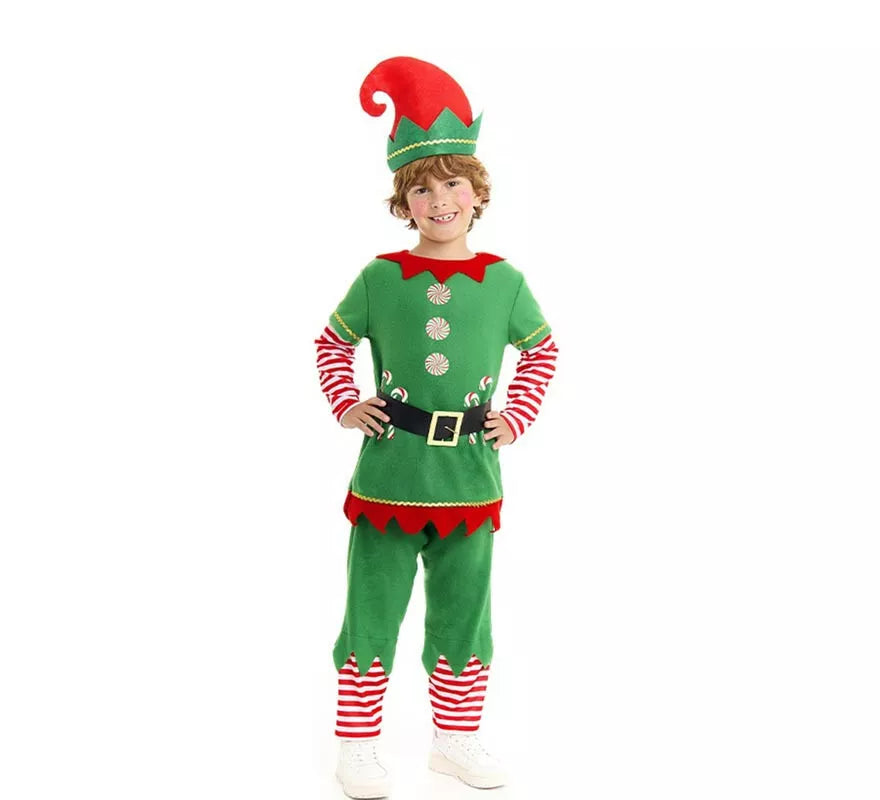 Translation missing: pt-PT.Disfraz de Elfo Polar verde y rojo con cinturón para niño